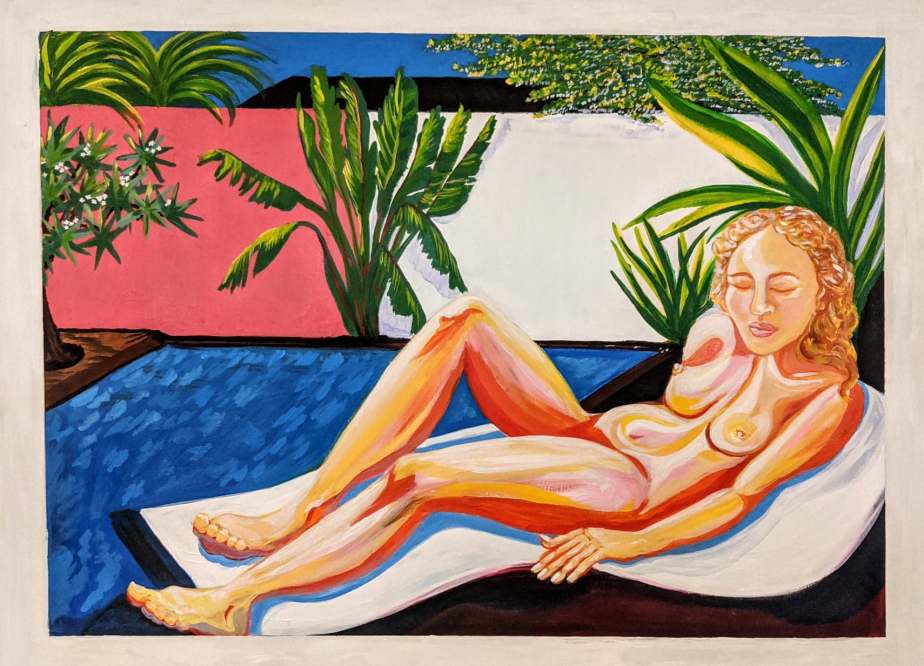 Painting of woman reclining beside a pool, painted by Carmen Angerer