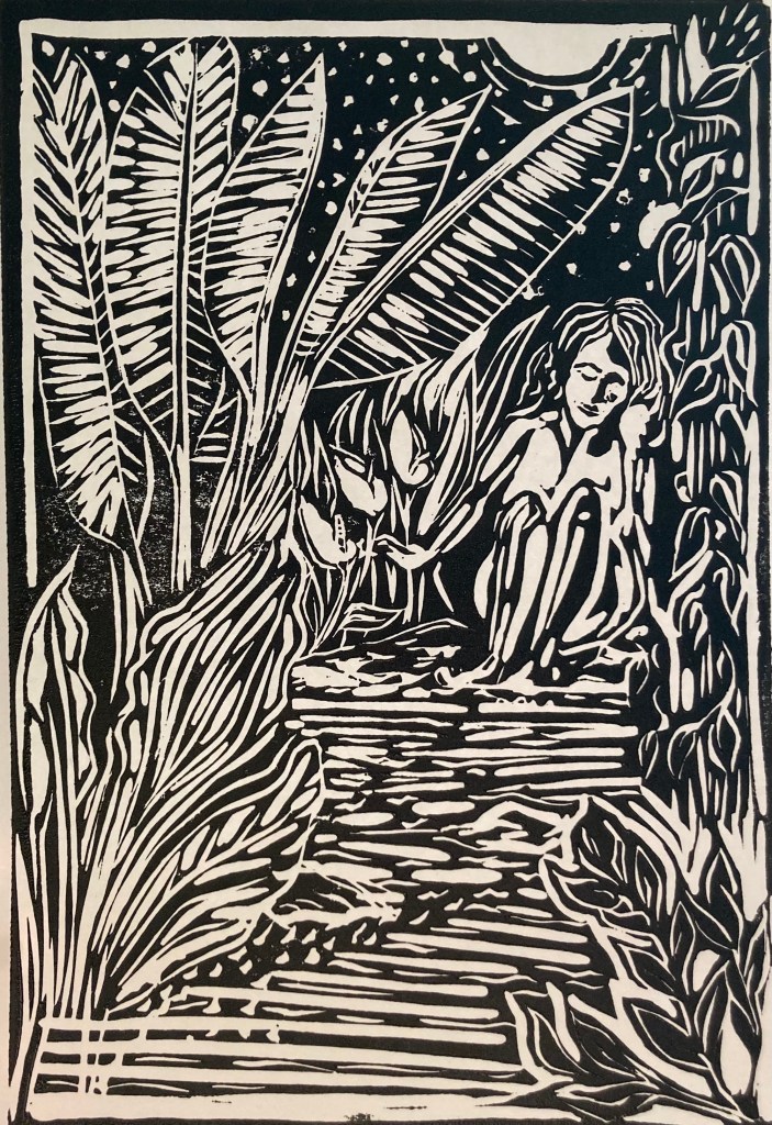 artist print Waterfall lino print